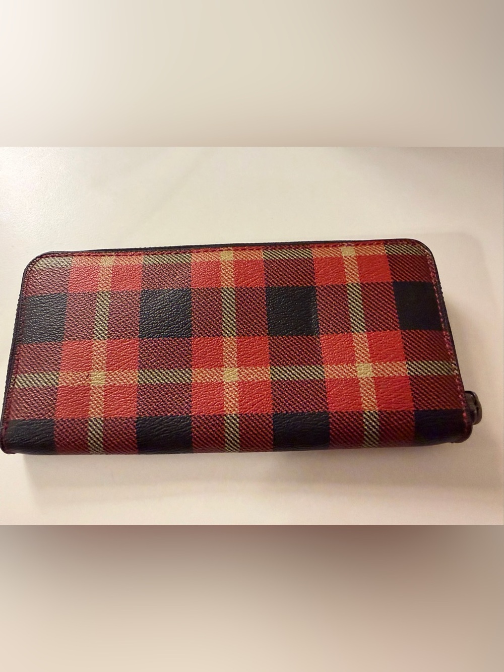 Coach Red Plaid Zip-Around Wallet with Black Accents - Picture 2 of 5